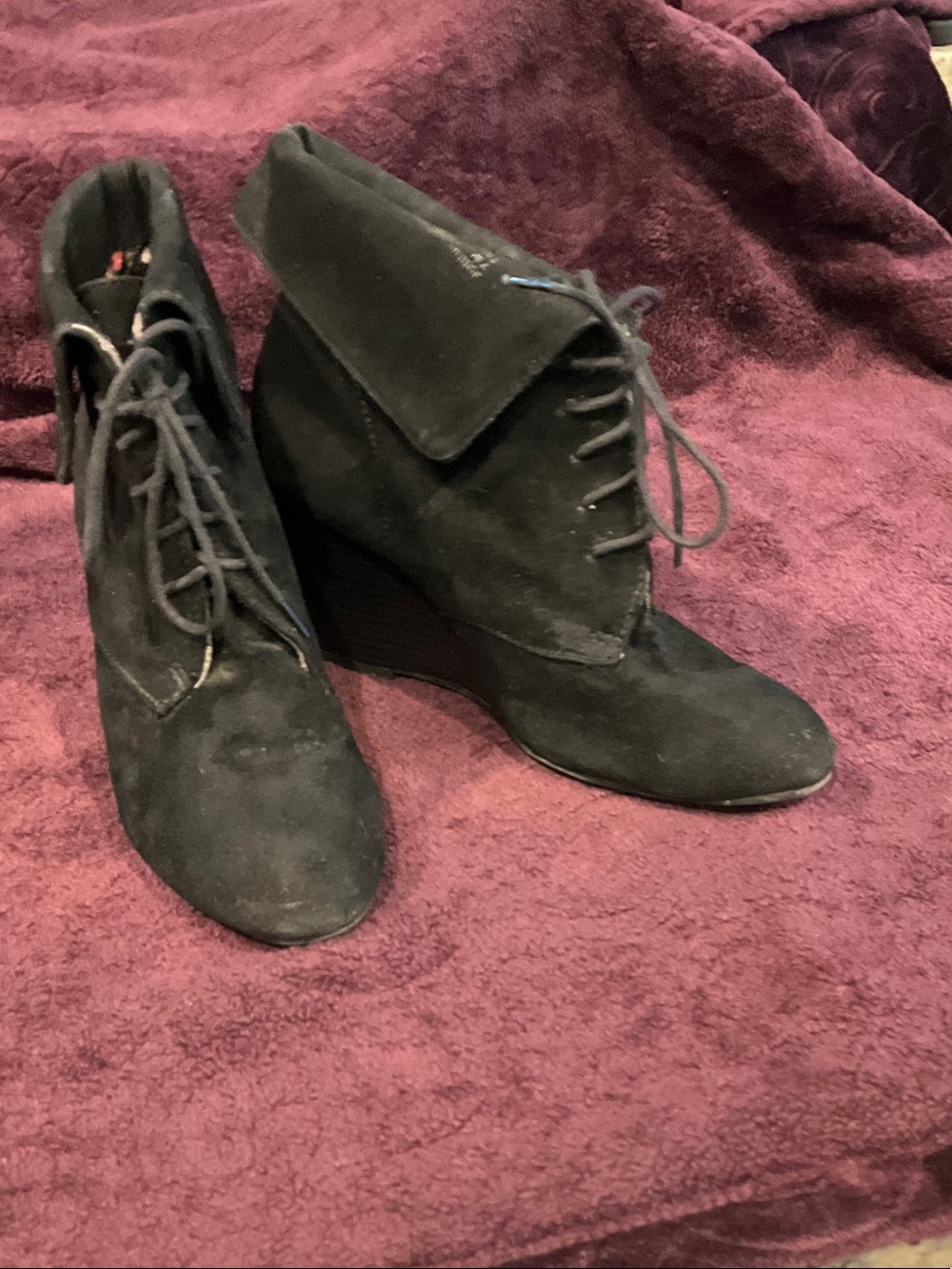 Rampage Black Suede Lace-Up Wedge Booties